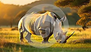 White or Grey Rhino on a Green Pasture in the Savannah - Generative Ai