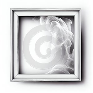 White and grey swirling smoke square frame isolated on white background.