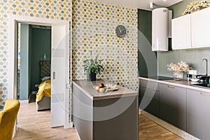 White grey yellow green color kitchen room organization