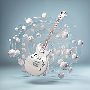 White guitar with spheres on light teal background 3d render
