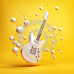 White guitar with spheres on yellow background 3d render