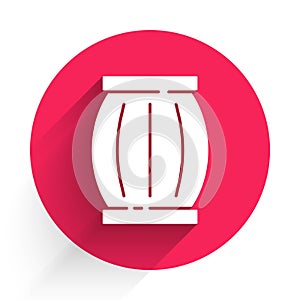White Gun powder barrel icon isolated with long shadow. TNT dynamite wooden old barrel. Red circle button. Vector