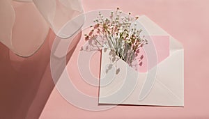 White gypsophila in a white envelope on pink background.