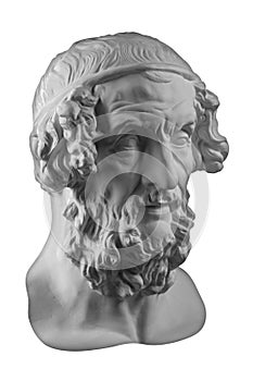 White gypsum copy of ancient statue Homer head for artists. Plaster antique sculpture of human face. Ancient greek poet