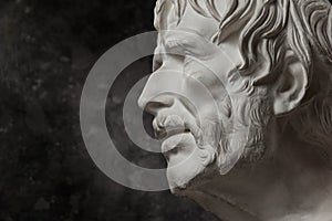 Gypsum copy of ancient statue Seneca head on dark textured background. Plaster sculpture man face. photo