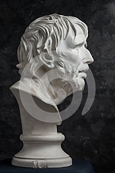 Gypsum copy of ancient statue Seneca head on dark textured background. Plaster sculpture man face.