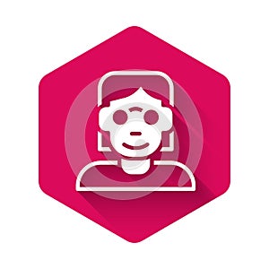 White Hacker or coder icon isolated with long shadow background. Programmer developer working on code, coding, testing