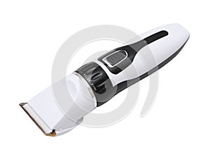 White hair clipper tool with titan and ceramic blades