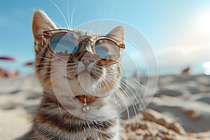 A white-haired cat wearing sunglasses enjoying the beach