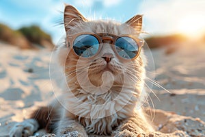 White haired cat wearing sunglasses sitting on the sandy beach