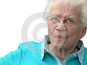 White-haired woman on white background