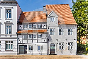 White half timbered house in historic city Flensburg