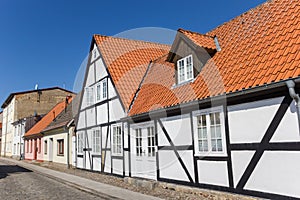 White half timbered house in the old town of Grimmen