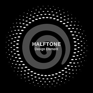 White halftone vector circle frame oval dots emblem on black