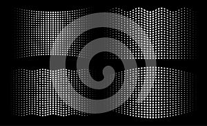 White halftone wavy distorted gradient circle dots background set. Distort waved templates halftone dots pattern. Vector