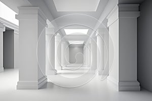 White hall with columns. Minimalistic interior of the hall in a classic style, indoors. creative generative ai