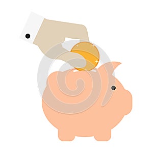 White hand dipping sparkling gold coin into pink piggy bank. Flat style vector illustration