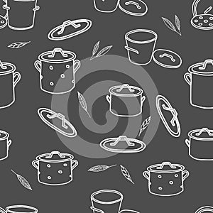 White hand drawing outline illustration of a group of saucepans with lids and Bay leaves for cooking isolated on a gray background