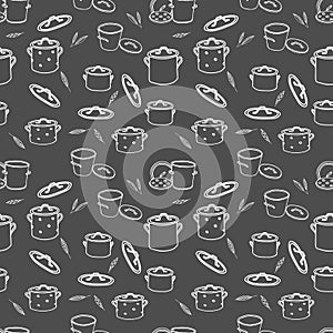 White hand drawing outline illustration of a group of saucepans with lids and Bay leaves for cooking isolated on a gray background