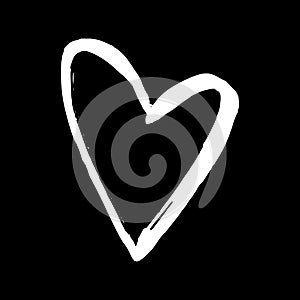 White hand drawn heart on black background. Design element for V