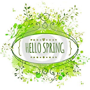 White hand drawn ornate frame with doodle bird and template text hello spring. Green watercolor splash background. Creative design