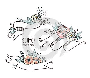 White hand drawn ribbons with peonys and roses.