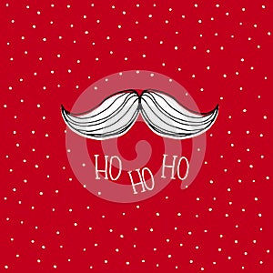 White Hand Drawn Santa Claus Moustache. Red Snowy Christmas Vector Card.