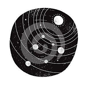 White Hand Drawn Solar System in a Black Irregular Round Shape Frame.