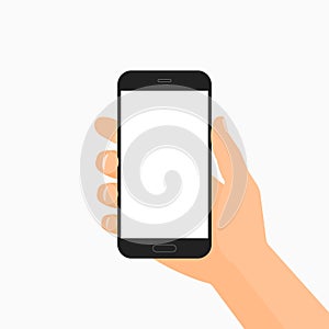 White hand holding black smartphone illustration