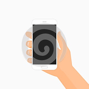 White hand holding white smartphone illustration