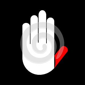 Fun white Hand with red big finger on black background icon