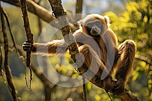 White-handed gibbon Gibbon lar on a tree, Gibbon hanging from a tree in the jungle of Costa Rica, AI Generated