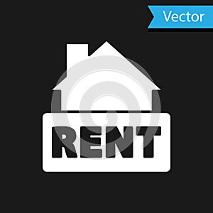 White Hanging sign with text Rent icon isolated on black background. Signboard with text For Rent. Vector