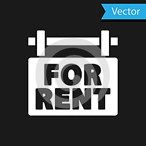 White Hanging sign with text For Rent icon isolated on black background. Signboard with text For Rent. Vector