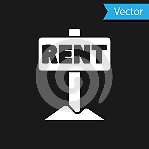 White Hanging sign with text Rent icon isolated on black background. Signboard with text For Rent. Vector