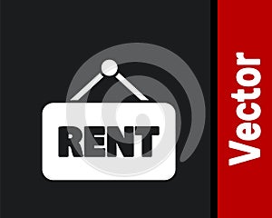 White Hanging sign with text Rent icon isolated on black background. Signboard with text For Rent. Vector Illustration