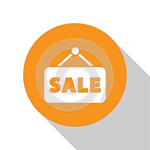 White Hanging sign with text Sale icon isolated on white background. Signboard with text Sale. Orange circle button. Vector