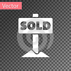 White Hanging sign with text Sold icon isolated on transparent background. Sold sticker. Sold signboard. Vector