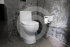 White hanging toilet seat on white toilet in the home bathroom with grey tiles in concrete style and toilet paper on the