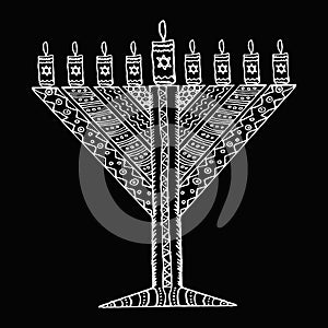 White Hanukkah in the style of doodle. Triangular Chanukah Chabad. Jewish holiday of Hanukkah. Hand draw. Sketch.