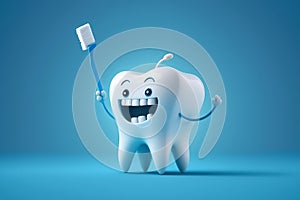 white happy tooth with a toothbrush on blue background. Cartoon character. Generative AI