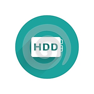 White Hard disk drive HDD icon isolated with long shadow background. Green circle button. Vector