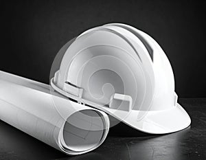 White Hard Hat and Rolled Blueprints for Construction Project