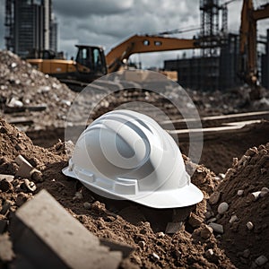 White Hard Hat Sitting on Construction Site Rubble
