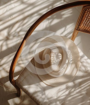 White Hat Resting on Wicker Chair