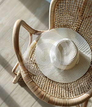 White Hat Resting on Wicker Chair