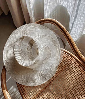 White Hat Resting on Wicker Chair