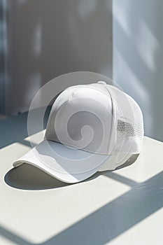 A white hat sits on a table
