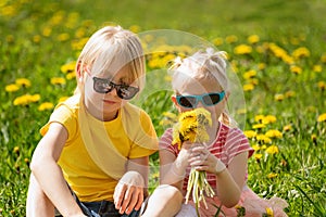 White-headed brother and sister wear sunglasses and sit in dandelion field. Summer vacation time. Siblings with flowers