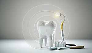 White healthy tooth, different tools for dental care with white baground, Generative Ai